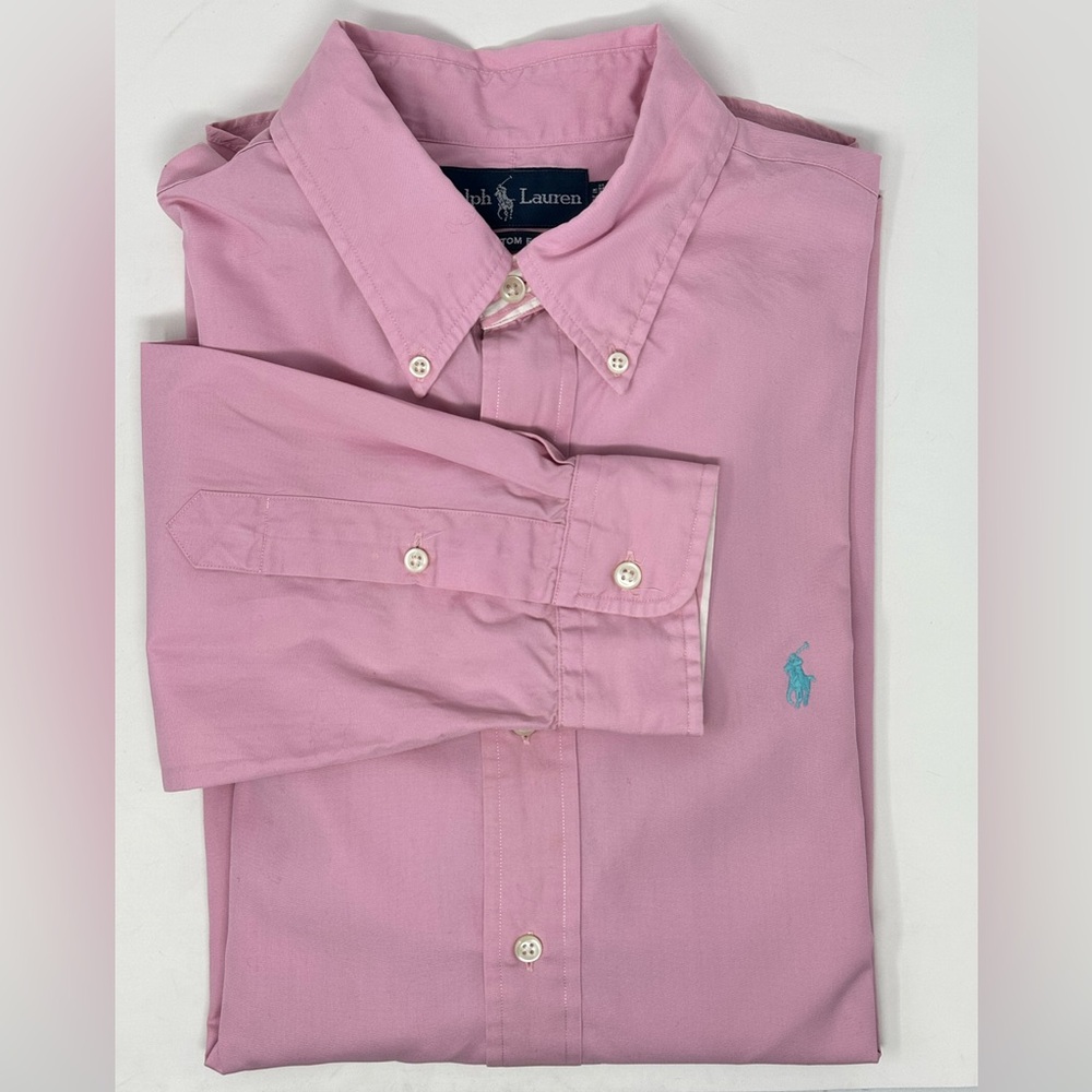 Ralph Lauren Solid Pink‎ Custom Fit Long Sleeve Button Down Up Shirt Mens Size L